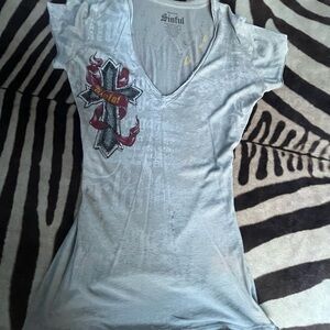 Y2K Sinful Light Gray V-Neck Tee W/ Bedazzled Cross Design